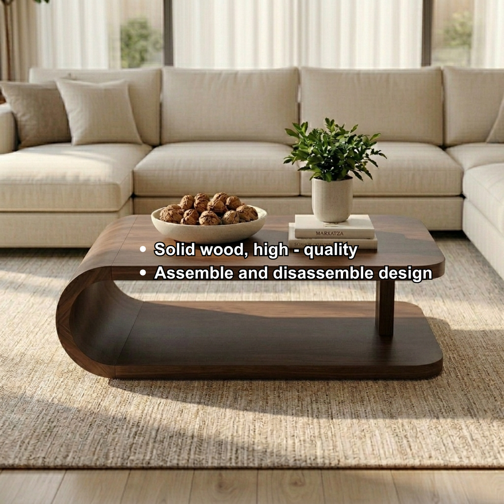 Modern Solid Wood Coffee Table with Curved Base and Storage Shelf for Living Room - view 9 of 10