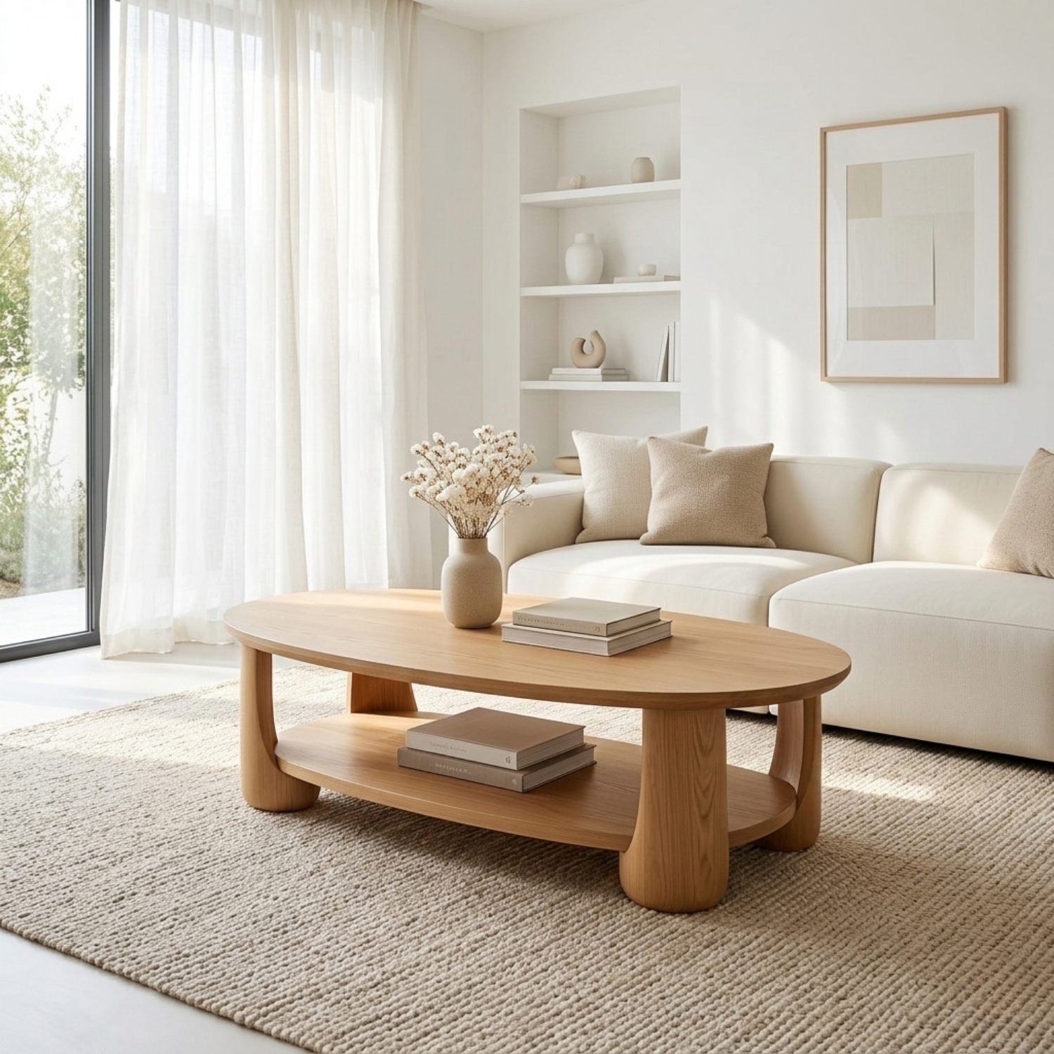 Solid Wood Oval Coffee Table with Shelf – Modern Minimalist Living Room Table - view 1 of 8