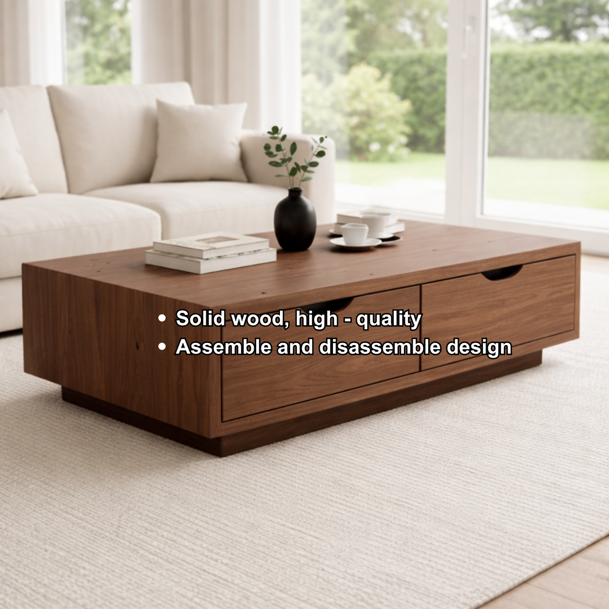 Solid Wood Coffee Table with Storage Drawers – Modern Low Profile Living Room Table - view 8 of 9