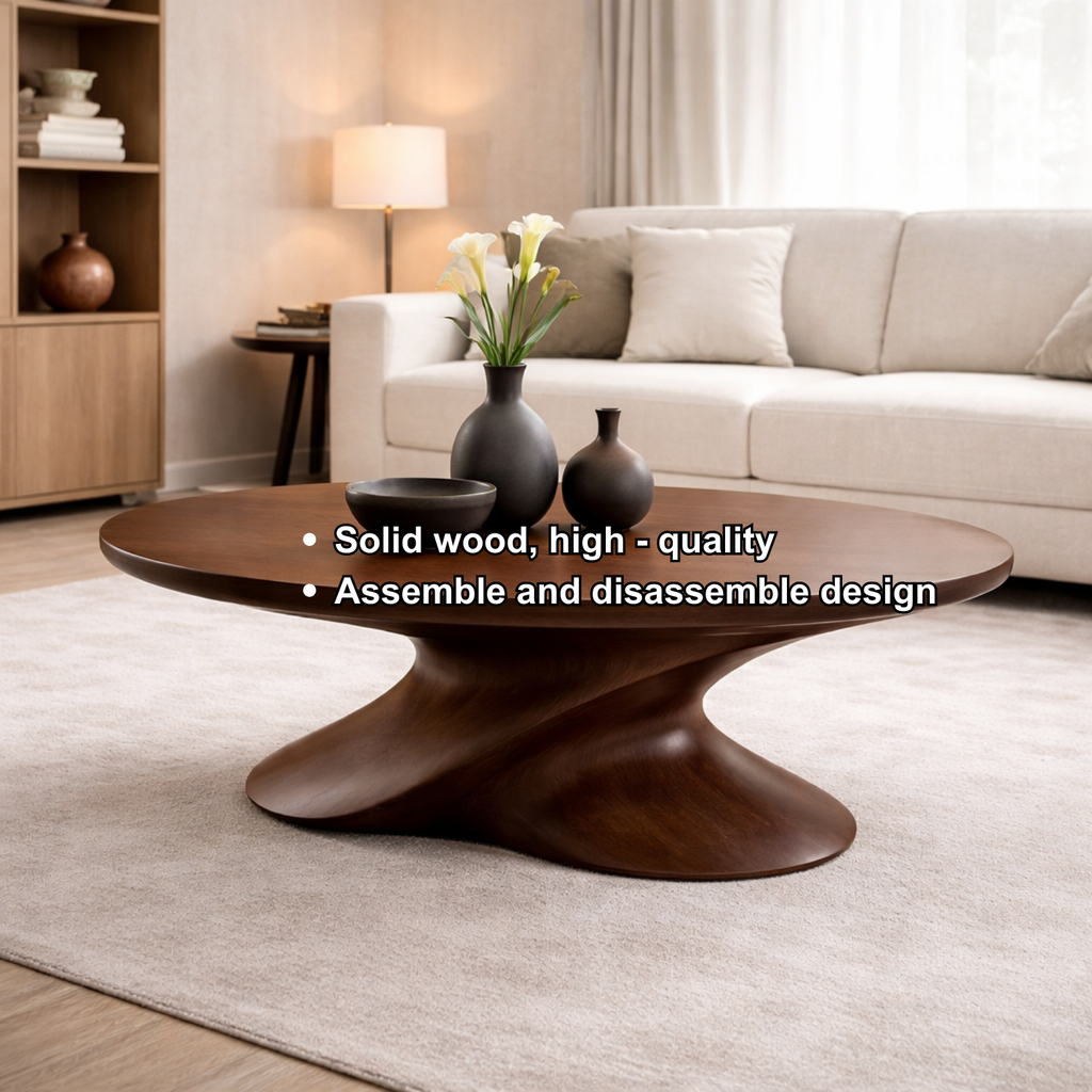 Modern Solid Wood Coffee Table with Sculptural Base – Contemporary Round Coffee Table - view 7 of 8