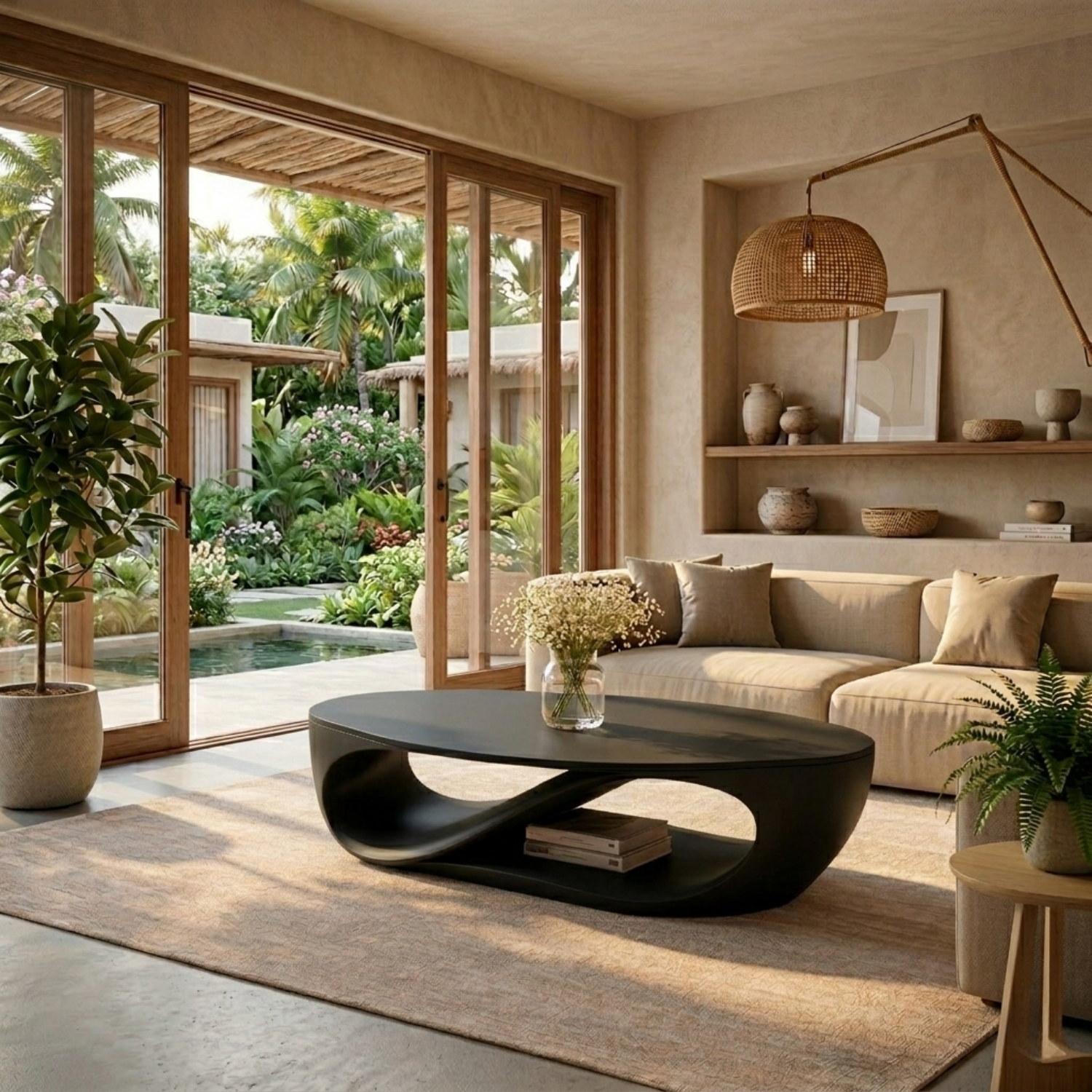 Sculptural Solid Wood Coffee Table with Open Shelf – Modern Organic Living Room Table - view 3 of 8