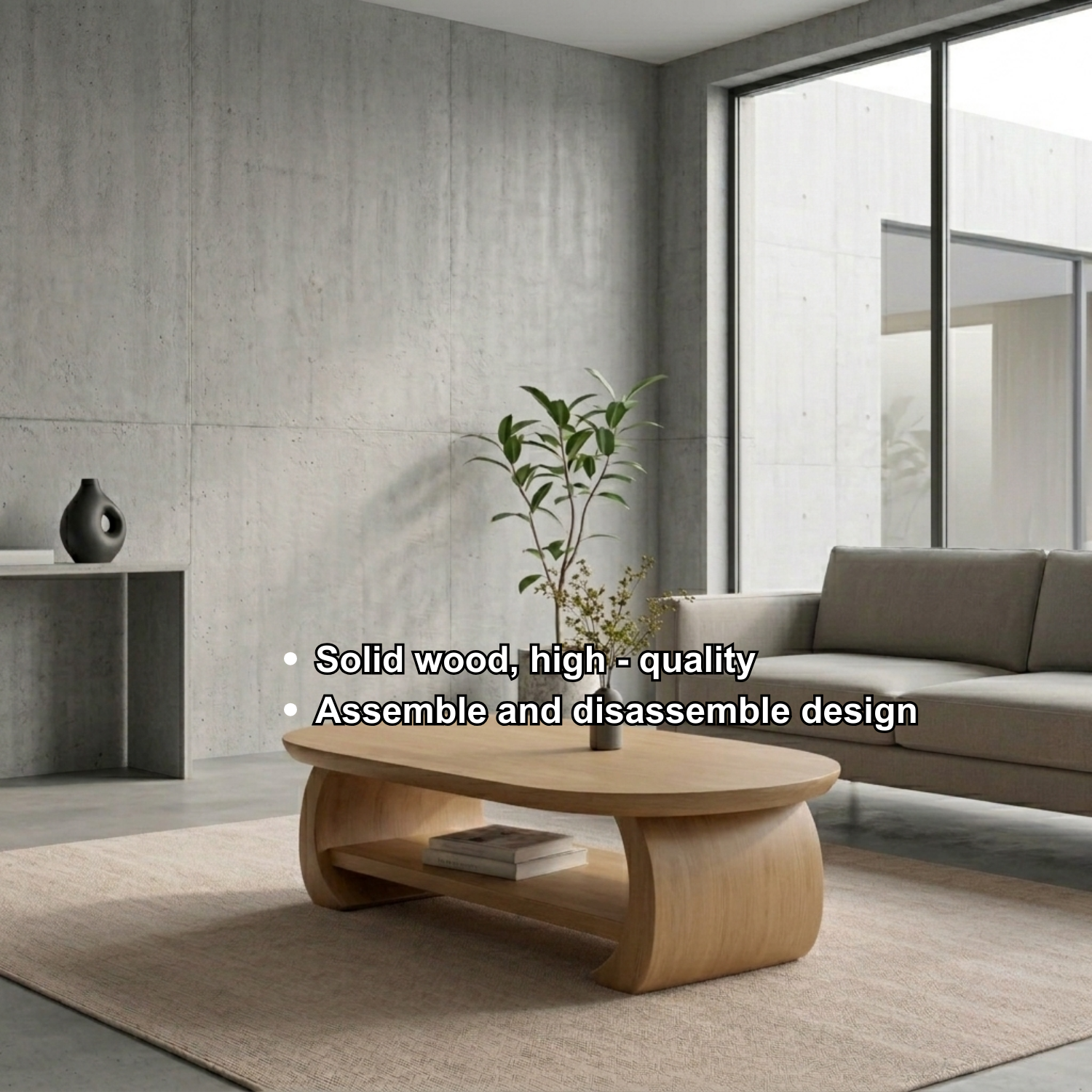 Solid Wood Oval Coffee Table with Shelf – Modern Minimalist Living Room Table - view 7 of 8