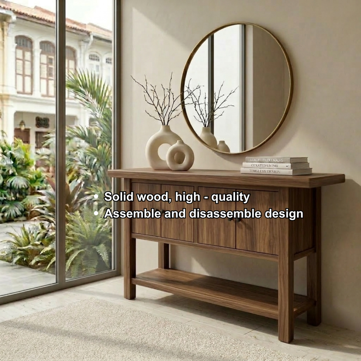 Solid Wood Console Table with Cabinet Doors and Shelf – Rustic Entryway Storage Table - view 6 of 7