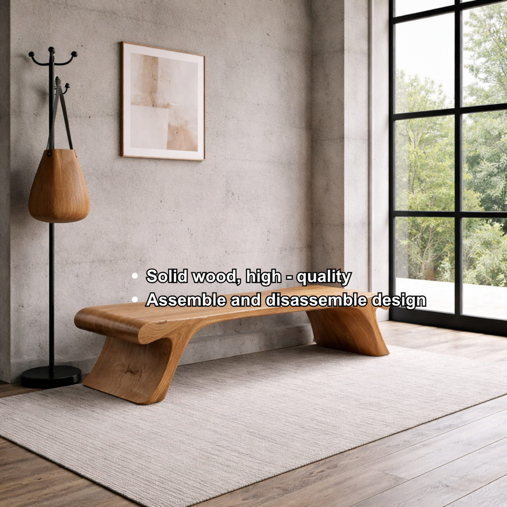 Solid Wood Entryway Bench Low Profile Sculptural Design Modern Minimalist Seating - view 6 of 7