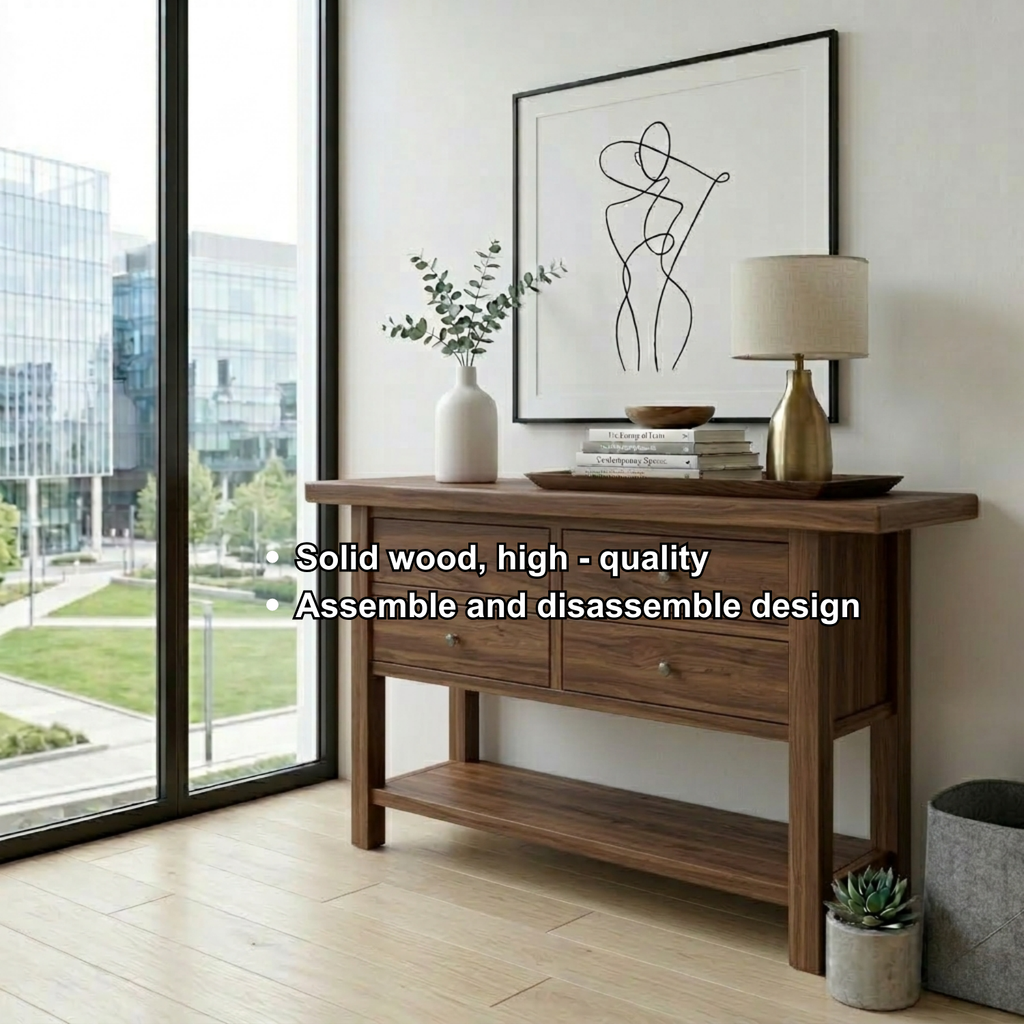 Solid Wood Console Table with 4 Drawers and Shelf – Rustic Entryway Storage Table - view 6 of 7