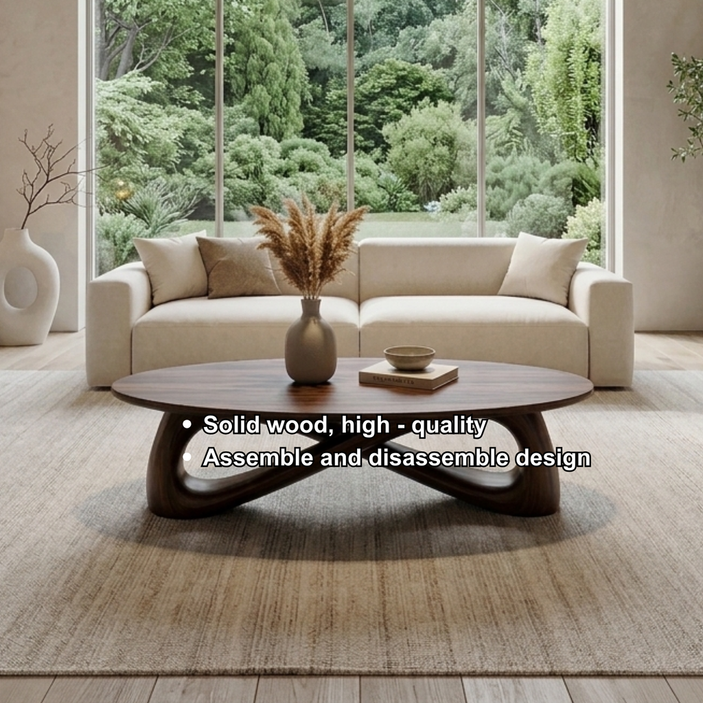 Solid Wood Round Coffee Table with Sculptural Base – Modern Living Room Table - view 6 of 7