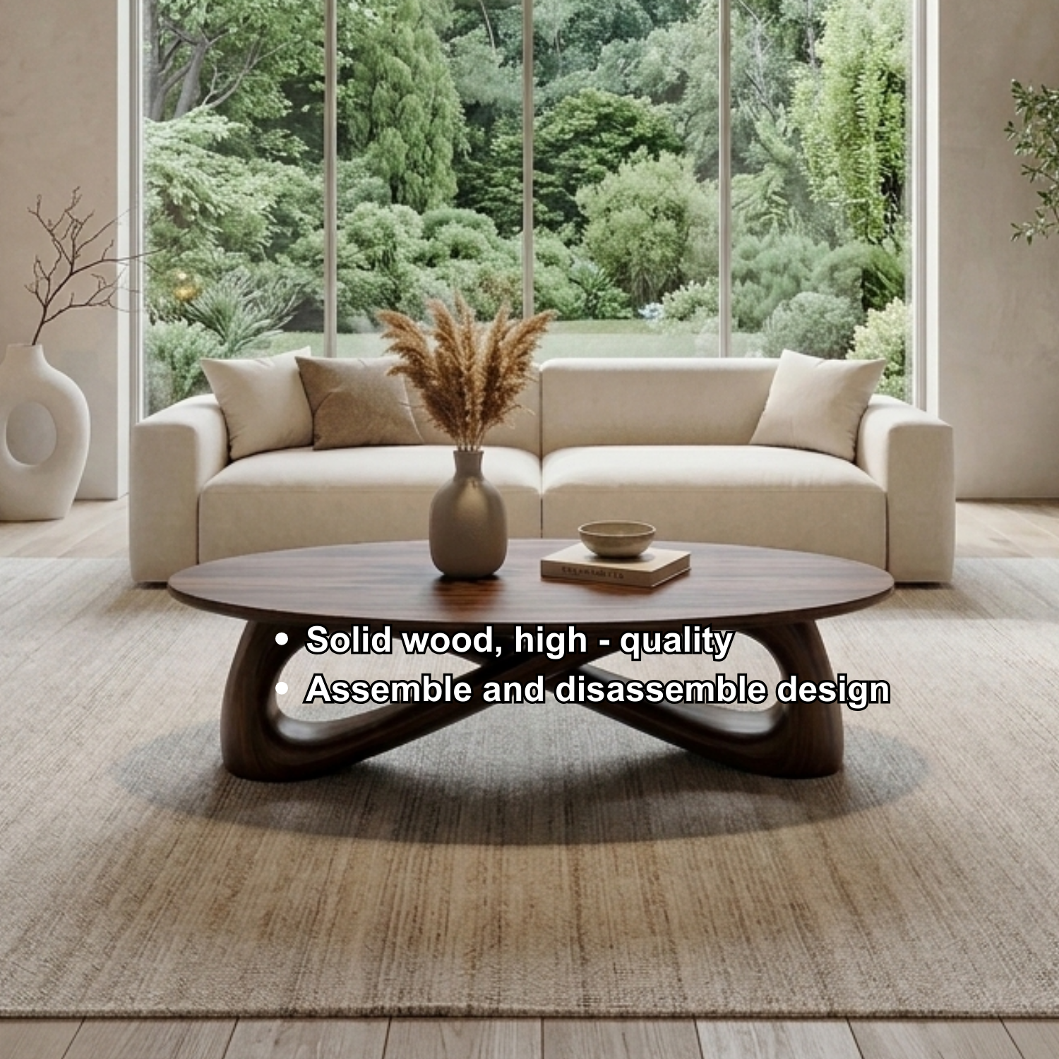 Solid Wood Round Coffee Table with Sculptural Base – Modern Living Room Table - view 6 of 7