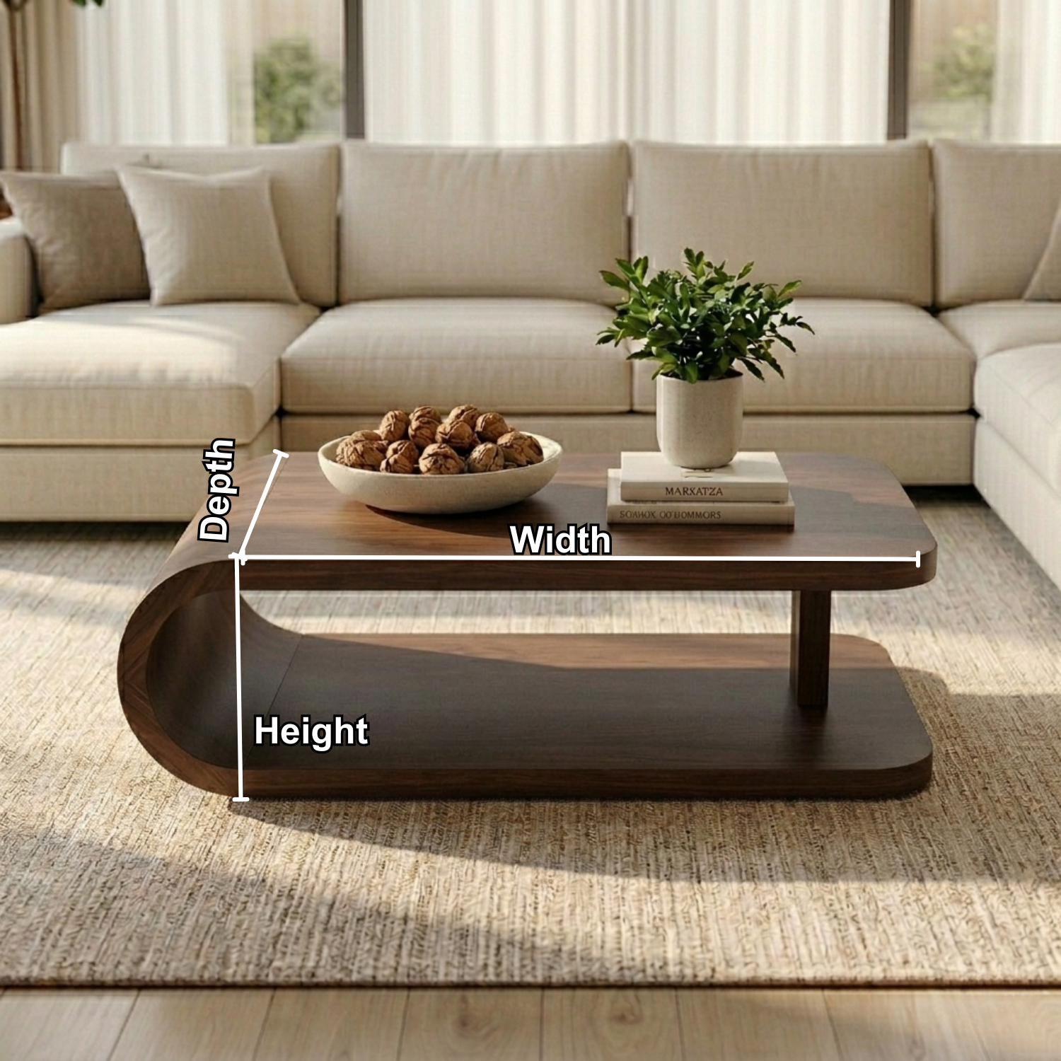Modern Solid Wood Coffee Table with Curved Base and Storage Shelf for Living Room - view 8 of 10