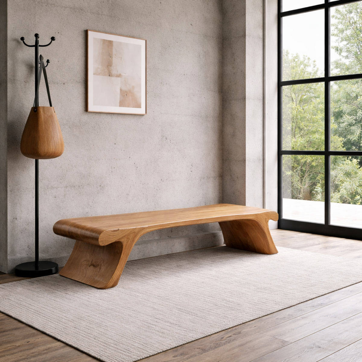 Solid Wood Entryway Bench Low Profile Sculptural Design Modern Minimalist Seating - view 3 of 7