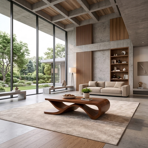 Solid Wood Coffee Table with Wave Sculptural Base – Modern Designer Living Room Table - view 1 of 9