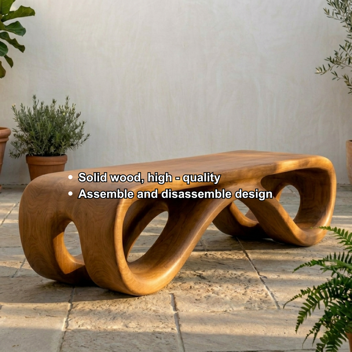 Handcrafted Solid Wood Outdoor Bench Sculptural Curved Base Organic Modern Minimal Design - view 5 of 8