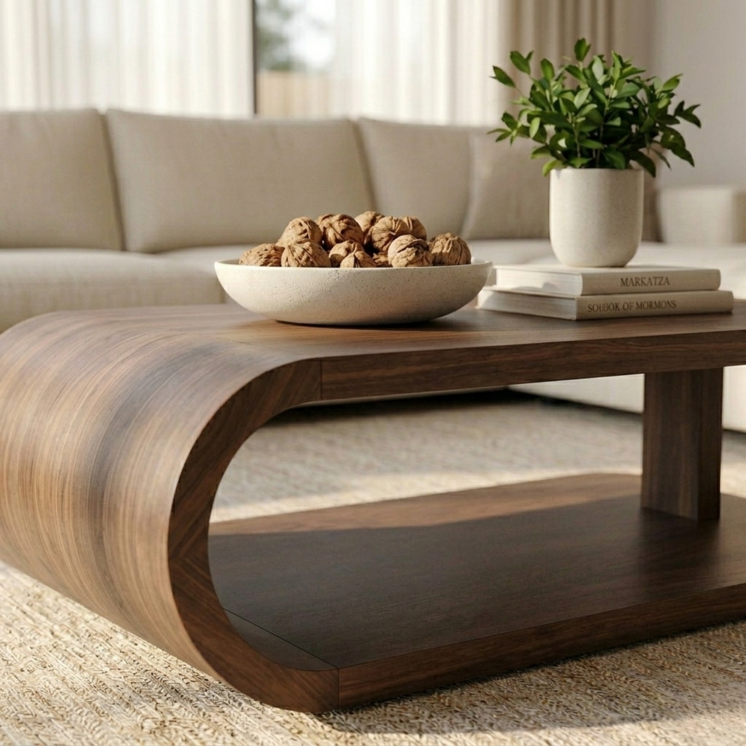 Modern Solid Wood Coffee Table with Curved Base and Storage Shelf for Living Room - view 4 of 10