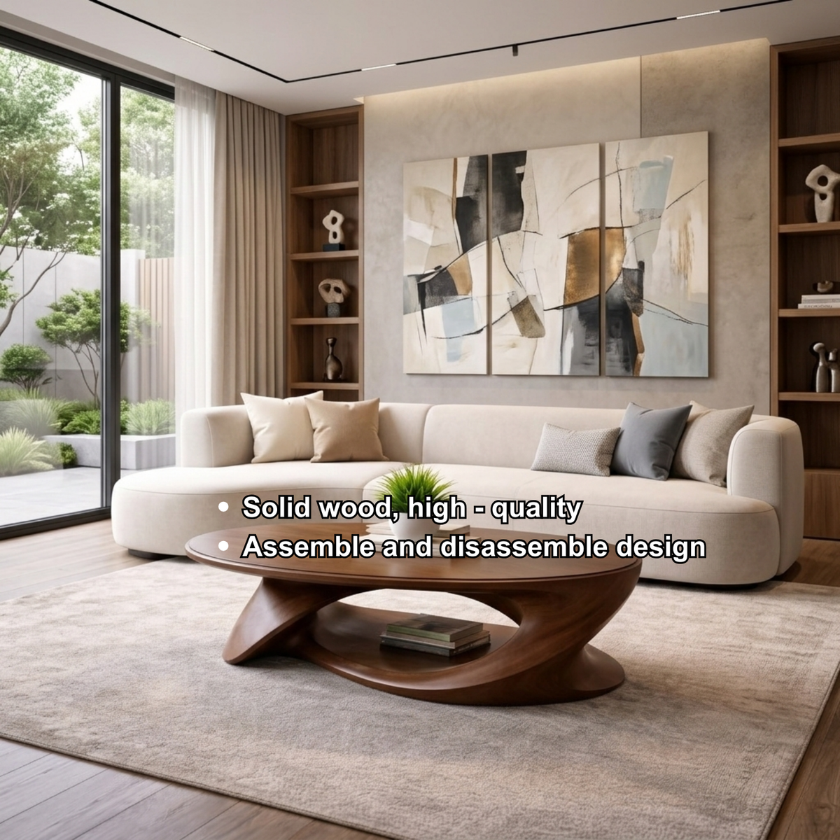 Solid Wood Oval Coffee Table with Sculptural Base – Modern Living Room Center Table - view 7 of 8