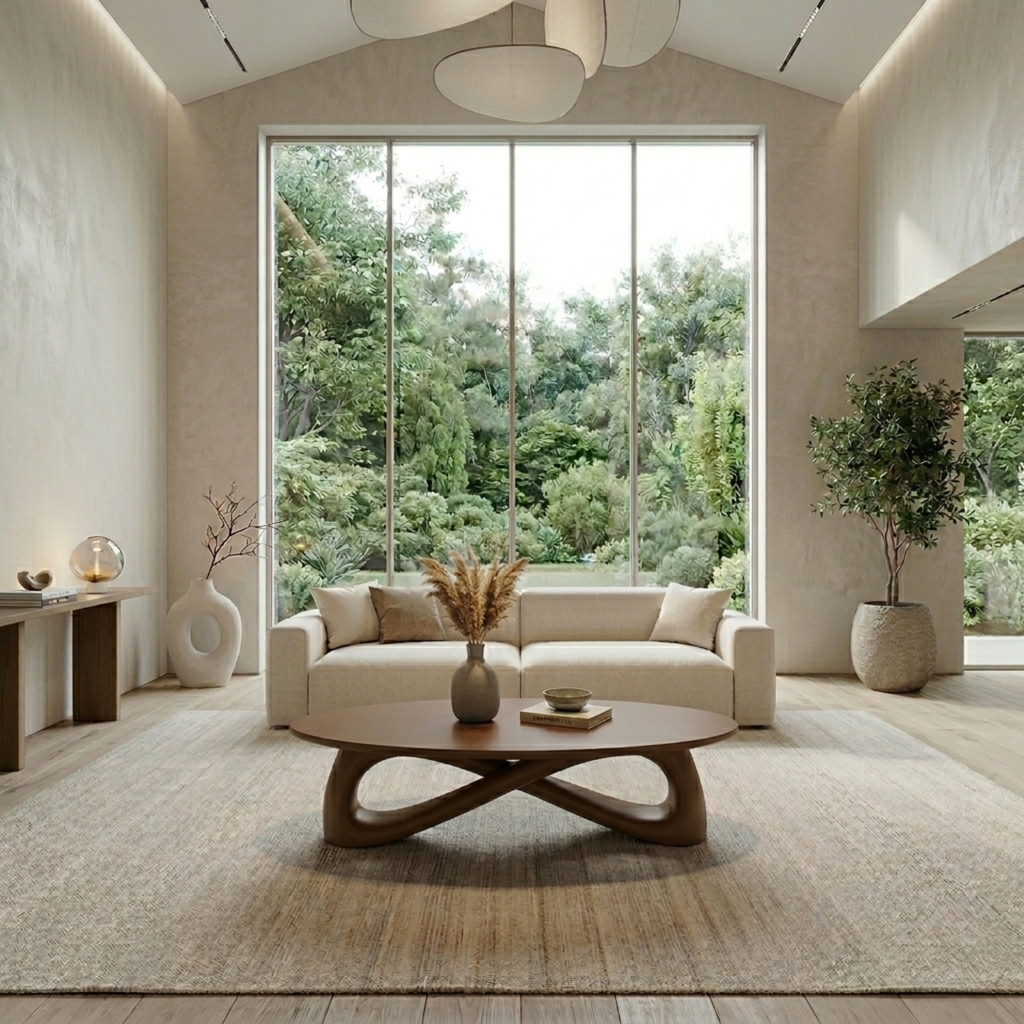 Solid Wood Round Coffee Table with Sculptural Base – Modern Living Room Table - view 2 of 7