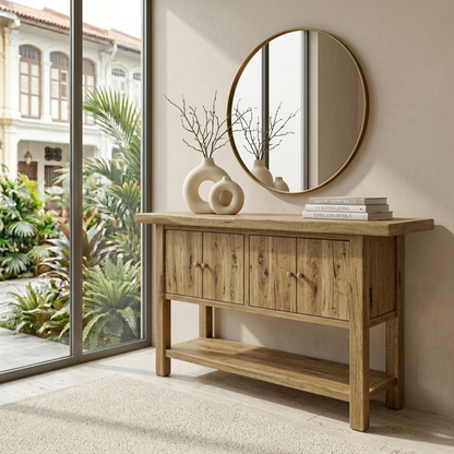Solid Wood Console Table with Cabinet Doors and Shelf – Rustic Entryway Storage Table - view 1 of 7
