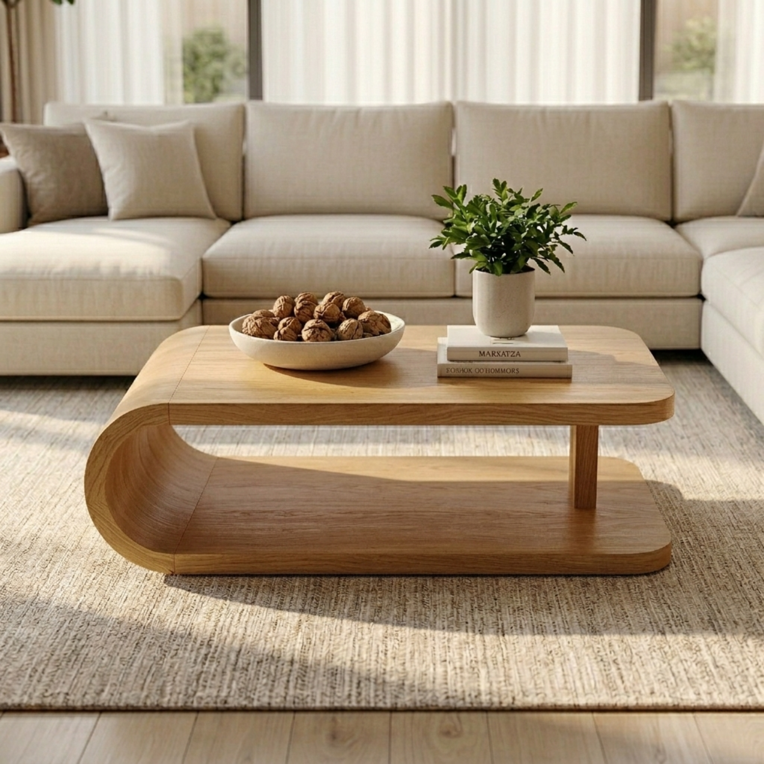 Modern Solid Wood Coffee Table with Curved Base and Storage Shelf for Living Room - view 5 of 10