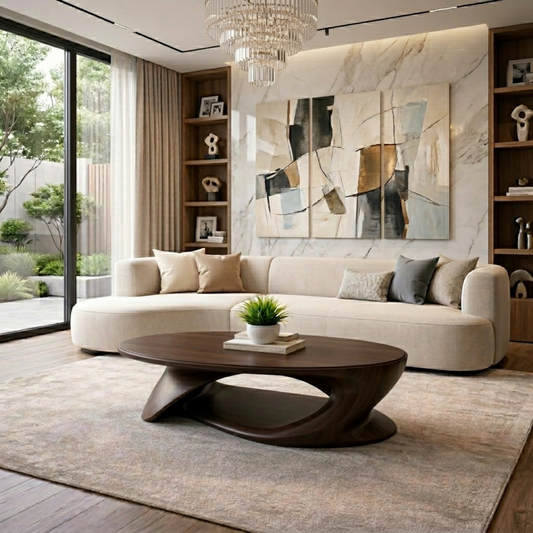 Solid Wood Oval Coffee Table with Sculptural Base – Modern Living Room Center Table - view 1 of 8
