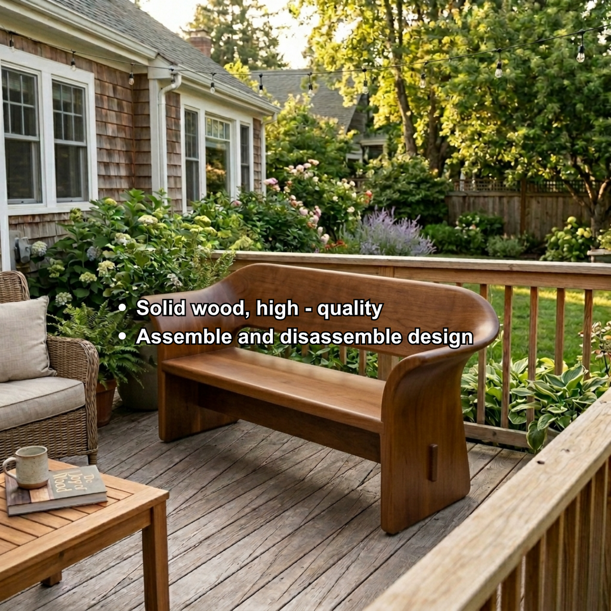 Solid Wood Outdoor Bench with Curved Wraparound Backrest Patio Garden Seating - view 6 of 7