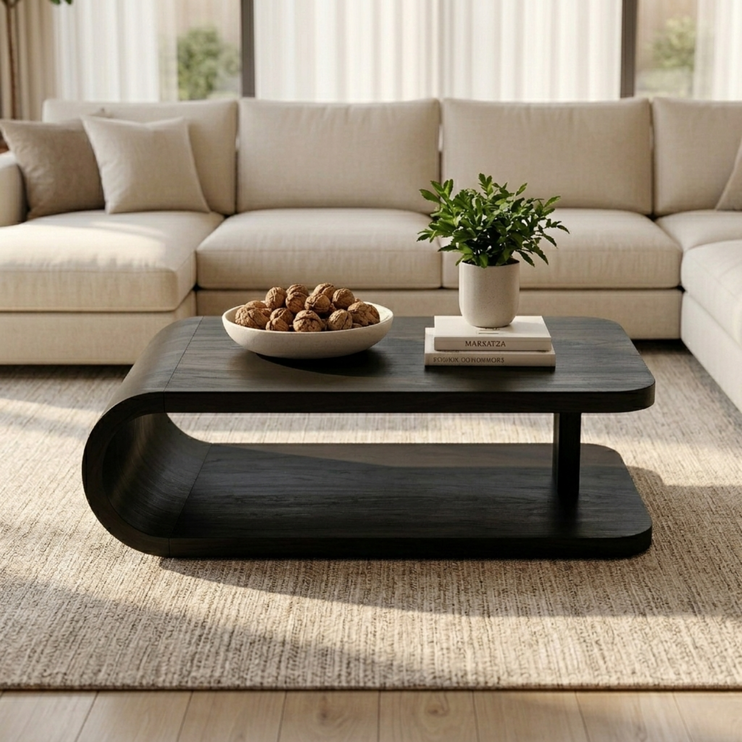 Modern Solid Wood Coffee Table with Curved Base and Storage Shelf for Living Room - view 3 of 10