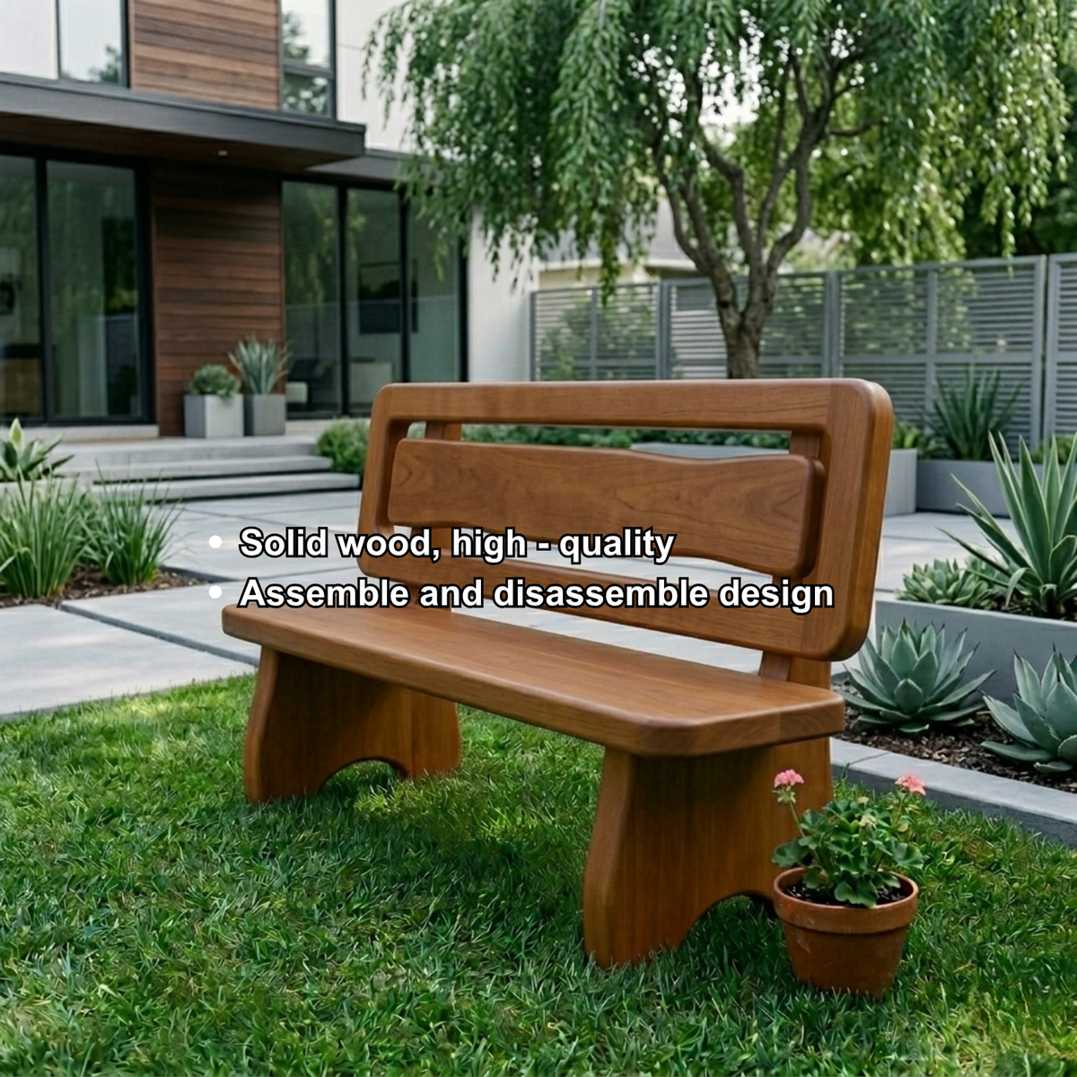 Solid Wood Outdoor Bench with Double Slat Back Modern Garden Patio Seating - view 6 of 7