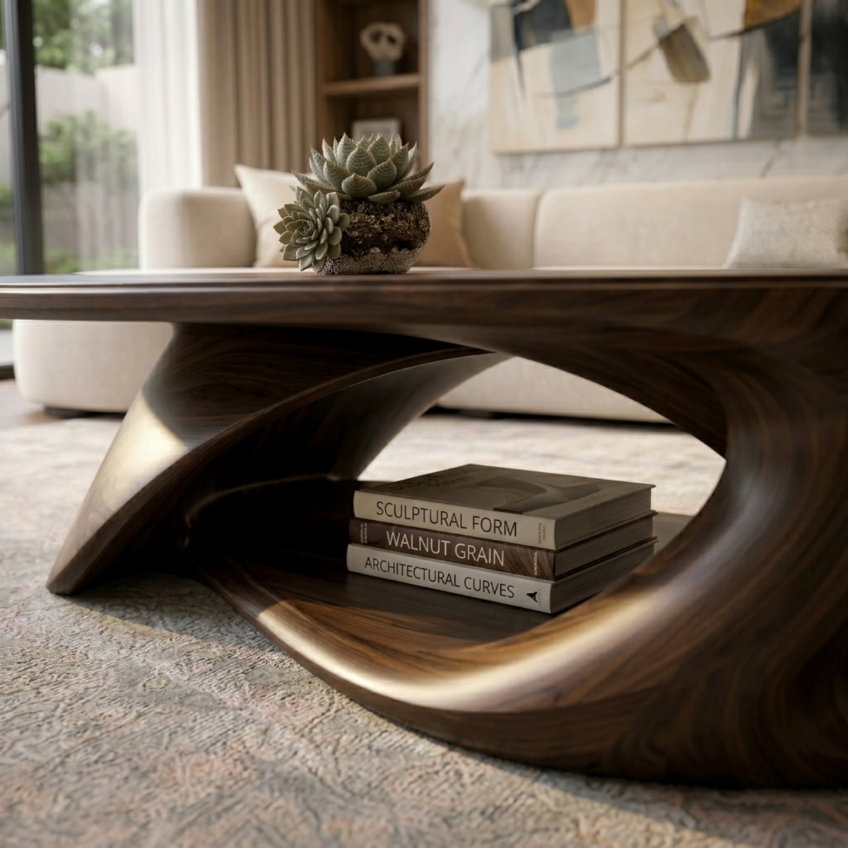 Solid Wood Oval Coffee Table with Sculptural Base – Modern Living Room Center Table - view 5 of 8