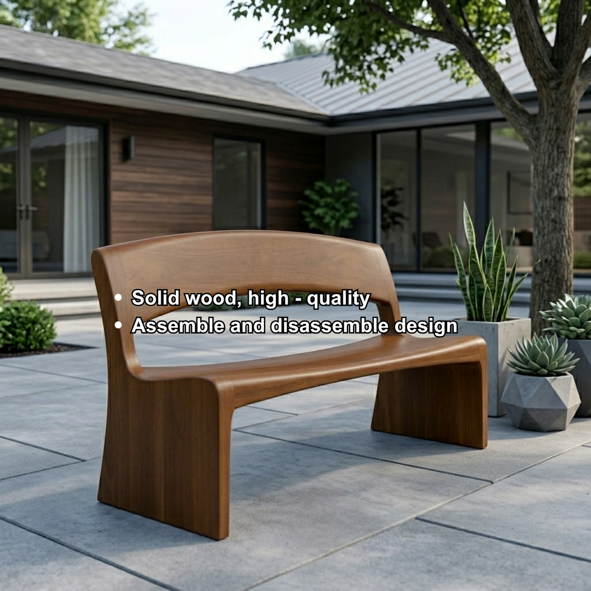 Solid Wood Outdoor Bench with Open Back Curve Modern Patio Garden Seating - view 6 of 7