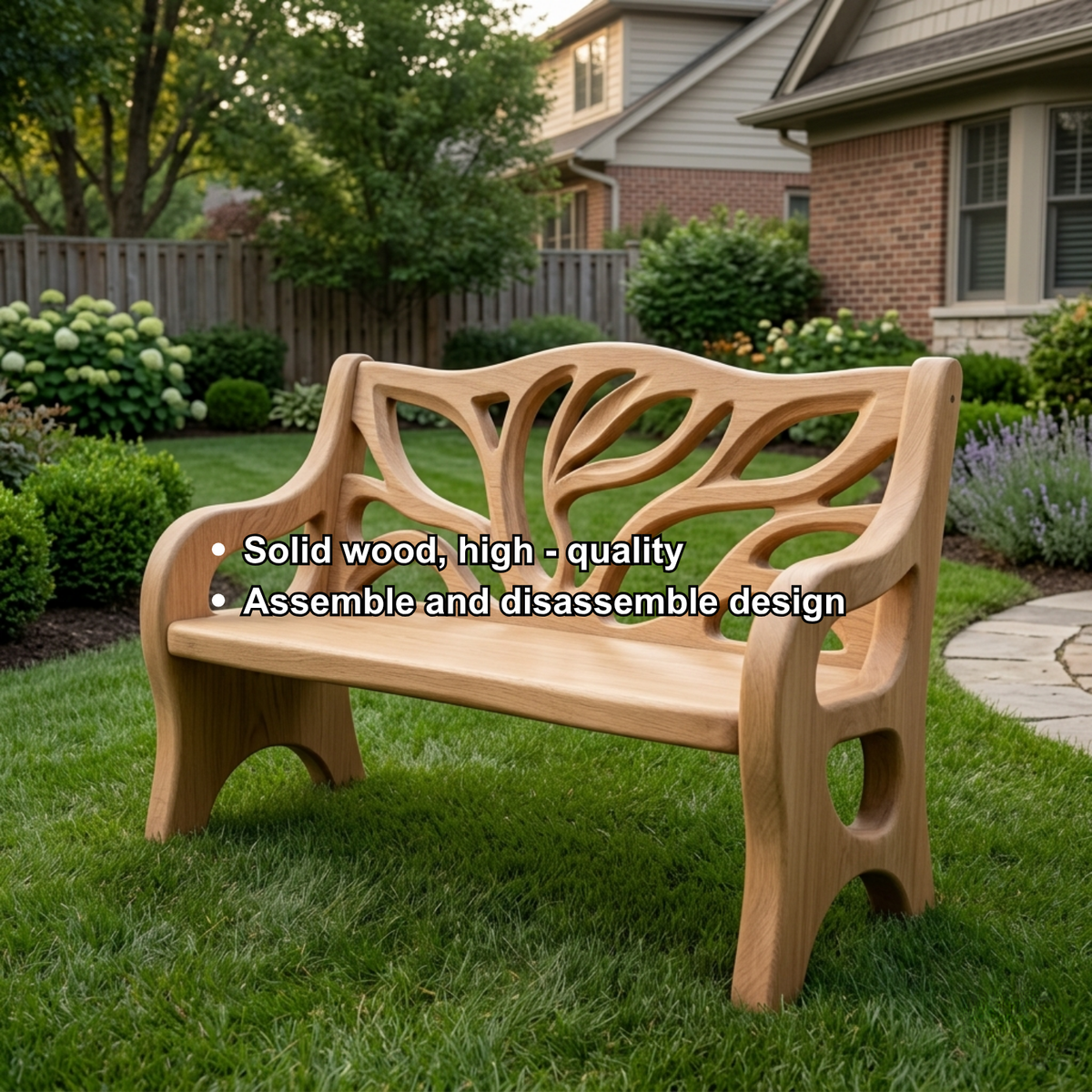 Solid Wood Outdoor Bench with Tree-Inspired Carved Backrest Garden Patio Seating - view 5 of 7