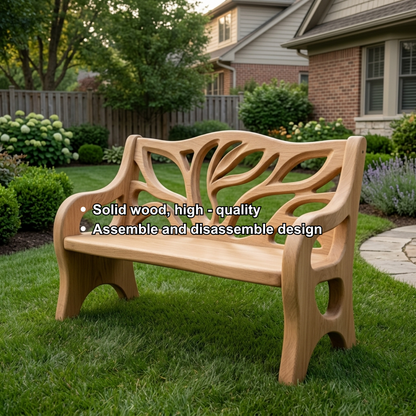 Solid Wood Outdoor Bench with Tree-Inspired Carved Backrest Garden Patio Seating - view 5 of 7