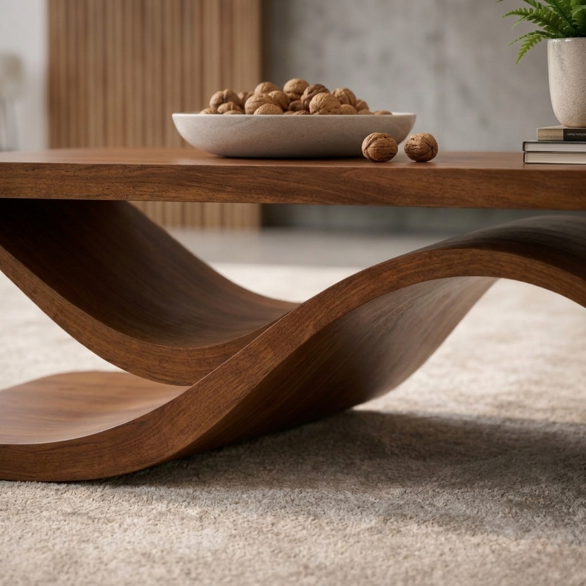 Solid Wood Coffee Table with Wave Sculptural Base – Modern Designer Living Room Table - view 3 of 9