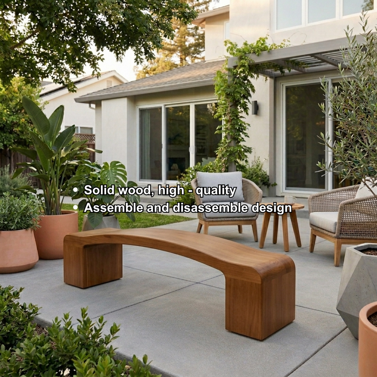 Solid Wood Outdoor Bench Curved Seat with Sculptural Block Legs Minimalist Design - view 6 of 7