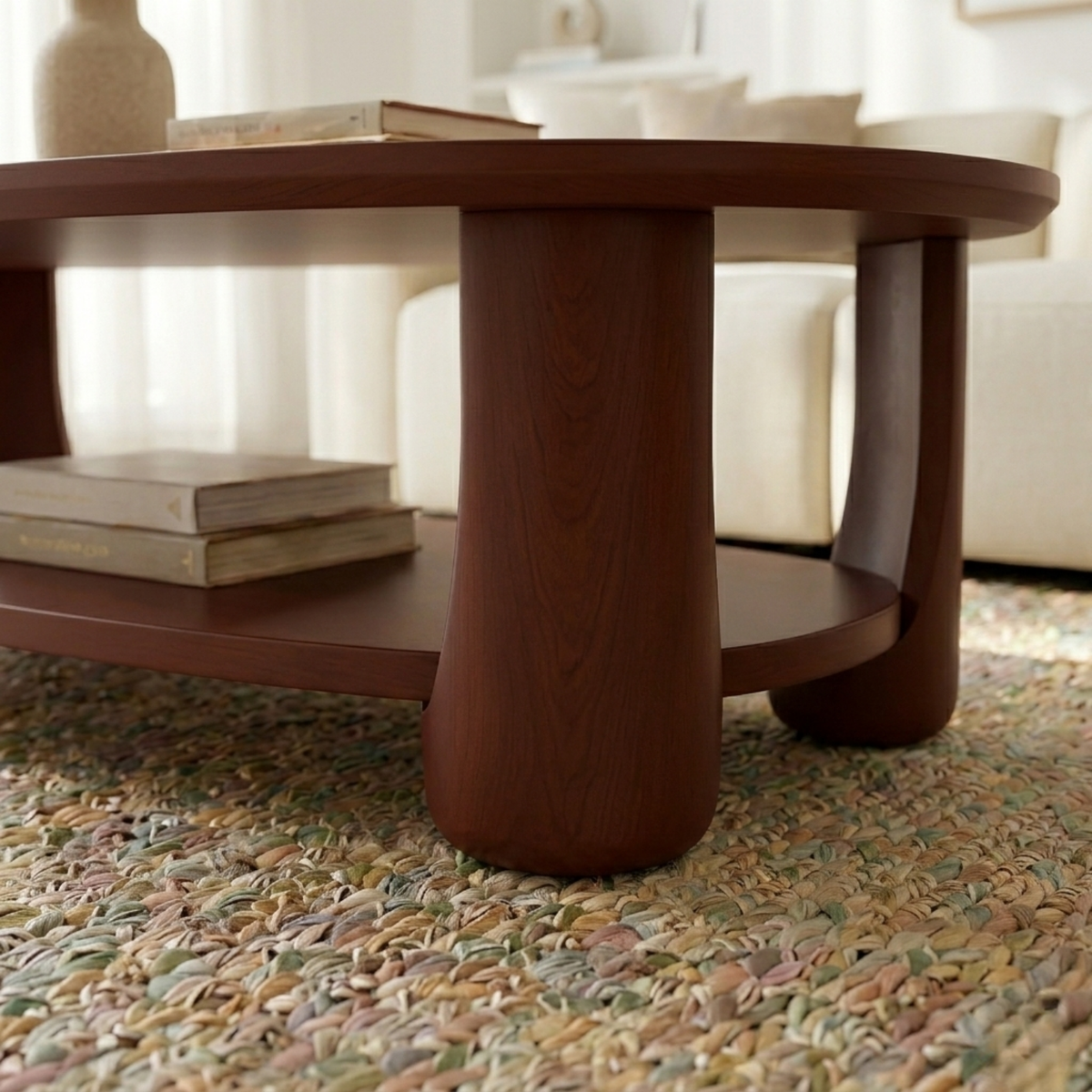 Solid Wood Oval Coffee Table with Shelf – Modern Minimalist Living Room Table - view 2 of 8