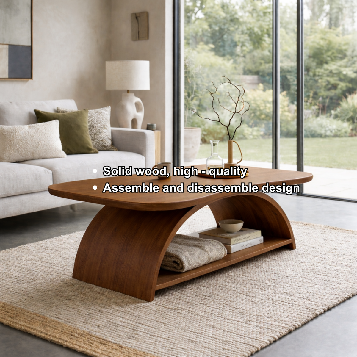 Curved Solid Wood Coffee Table with Open Shelf – Modern Sculptural Design - view 6 of 7