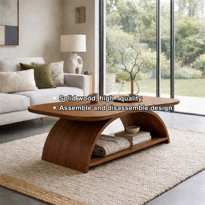 Curved Solid Wood Coffee Table with Open Shelf – Modern Sculptural Design - view 6 of 7
