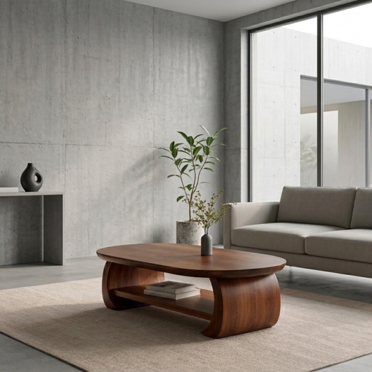 Solid Wood Oval Coffee Table with Shelf – Modern Minimalist Living Room Table - view 1 of 8