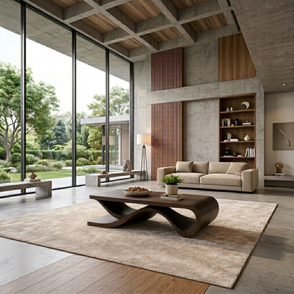 Solid Wood Coffee Table with Wave Sculptural Base – Modern Designer Living Room Table - view 5 of 9