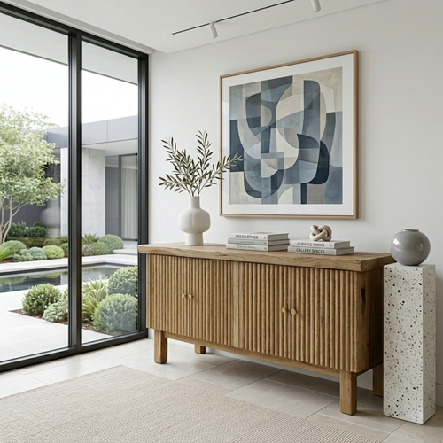 Fluted Solid Wood Console Table with Cabinet – Modern Slatted Entryway Sideboard - view 2 of 7