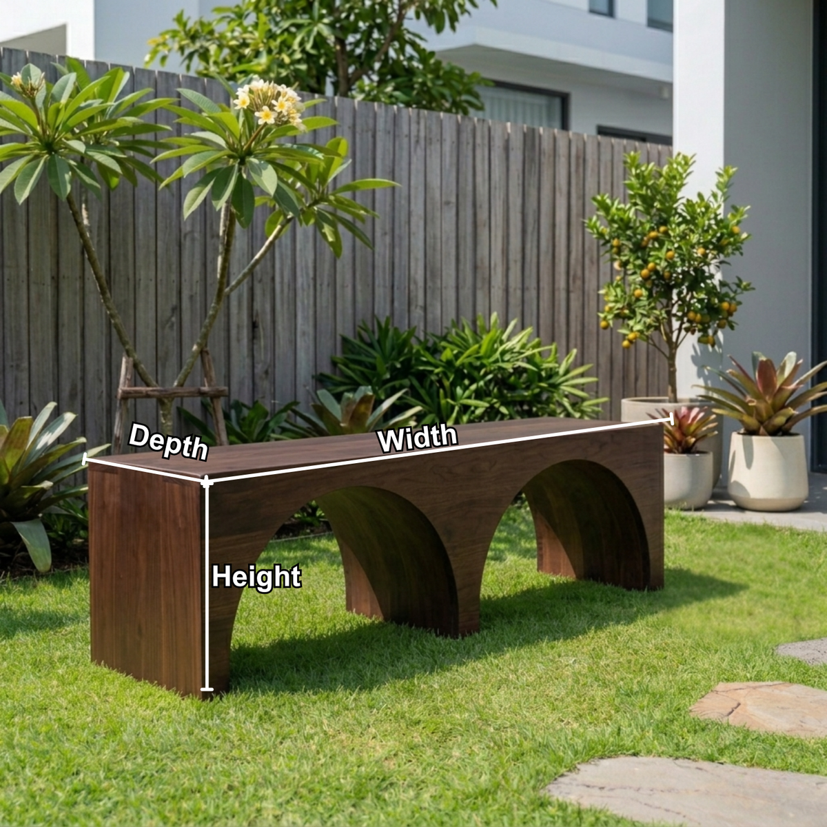 Solid Wood Outdoor Bench with Double Arch Base Minimalist Rectangular Design - view 6 of 8