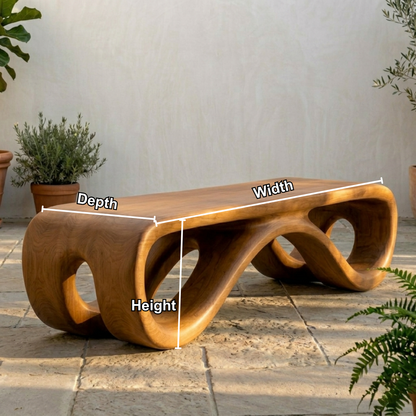 Handcrafted Solid Wood Outdoor Bench Sculptural Curved Base Organic Modern Minimal Design - view 7 of 8