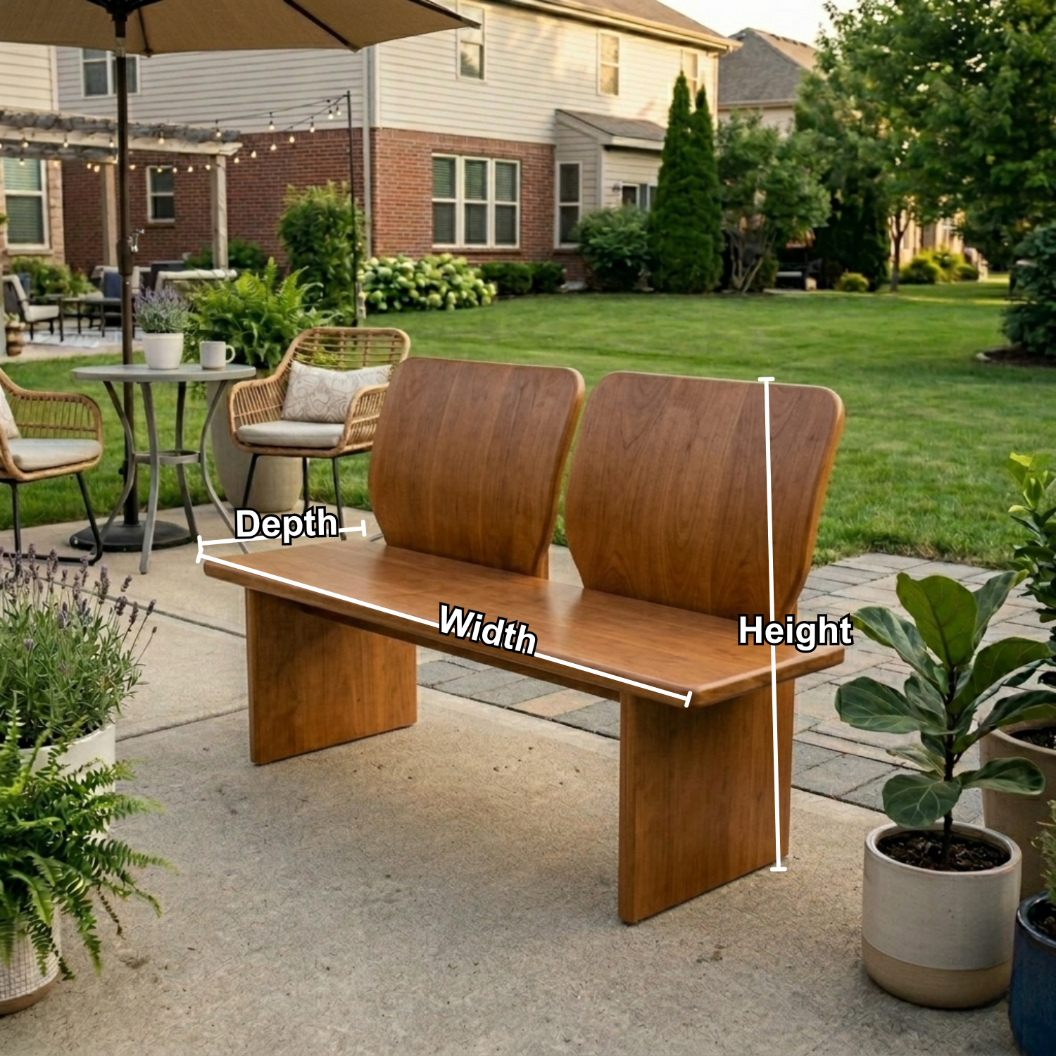 Solid Wood Outdoor Bench with Dual Curved Backrests Modern Sculptural Seating - view 5 of 7