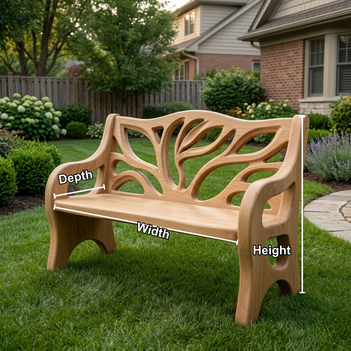 Solid Wood Outdoor Bench with Tree-Inspired Carved Backrest Garden Patio Seating - view 6 of 7