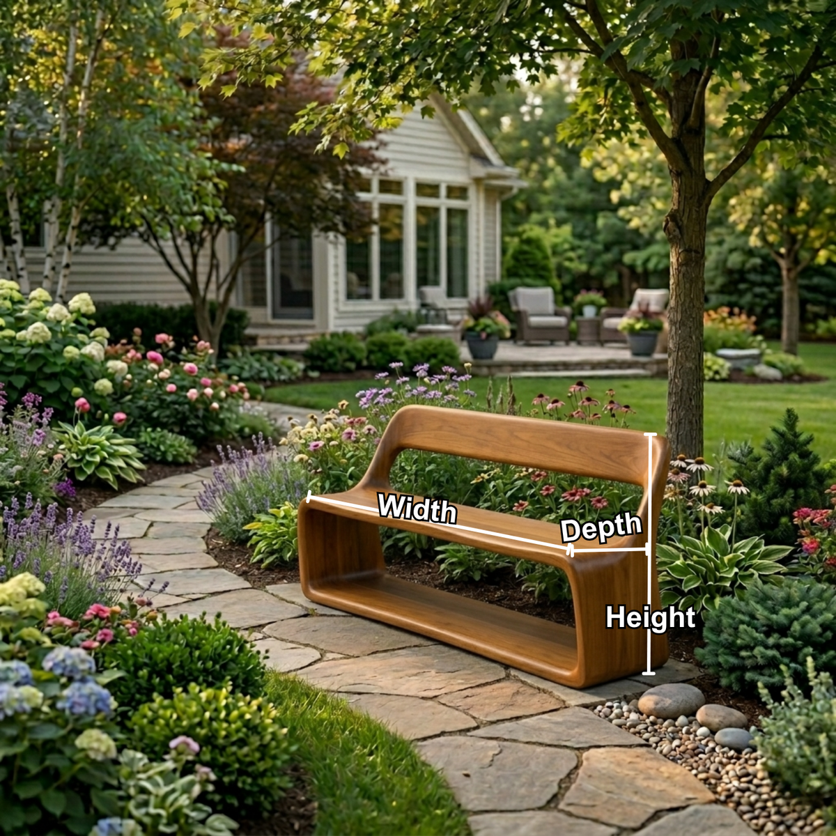 Solid Wood Outdoor Bench with Curved Backrest and Integrated Open Shelf Base - view 6 of 7
