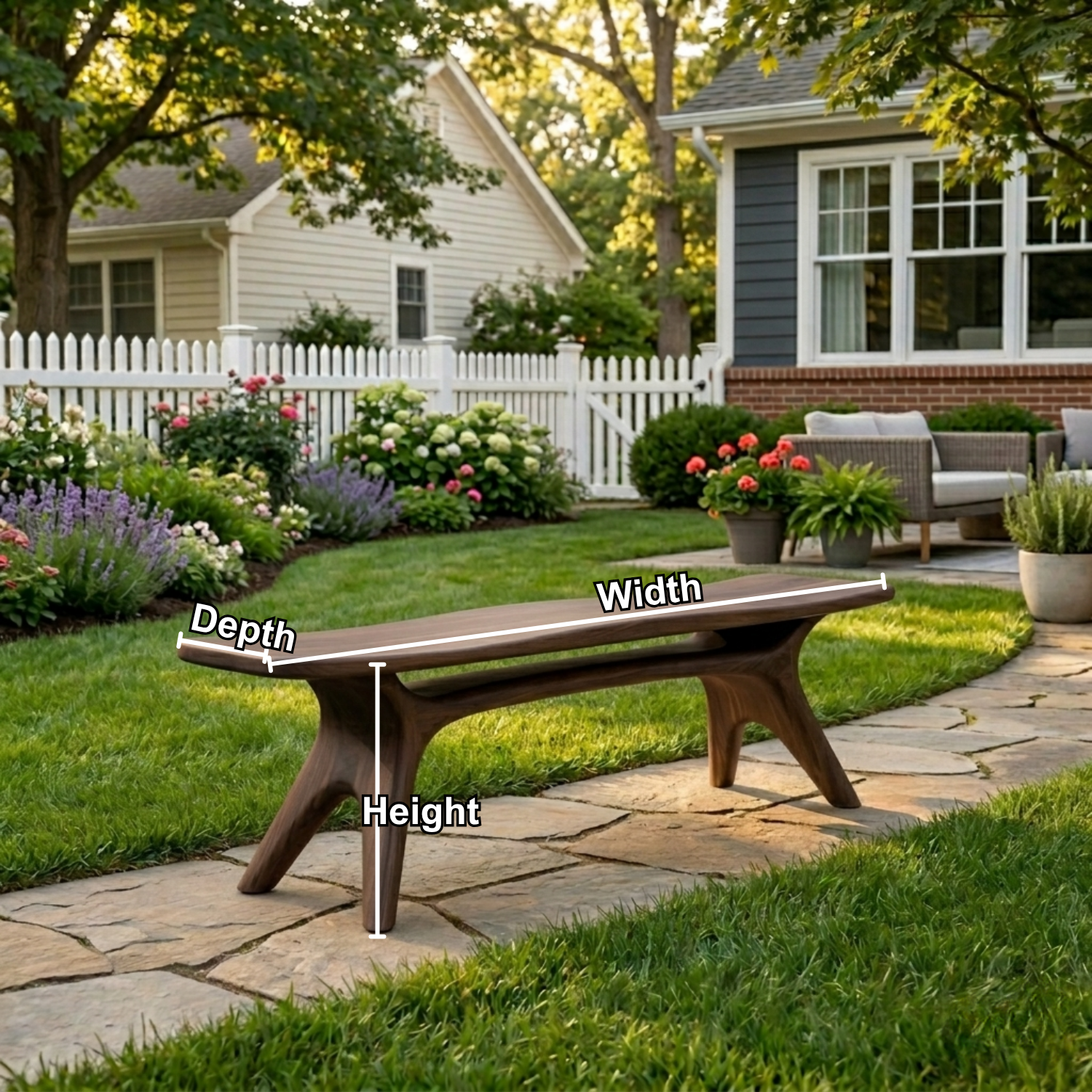 Solid Wood Outdoor Bench with Sculptural Tapered Legs and Floating Seat Design - view 6 of 8