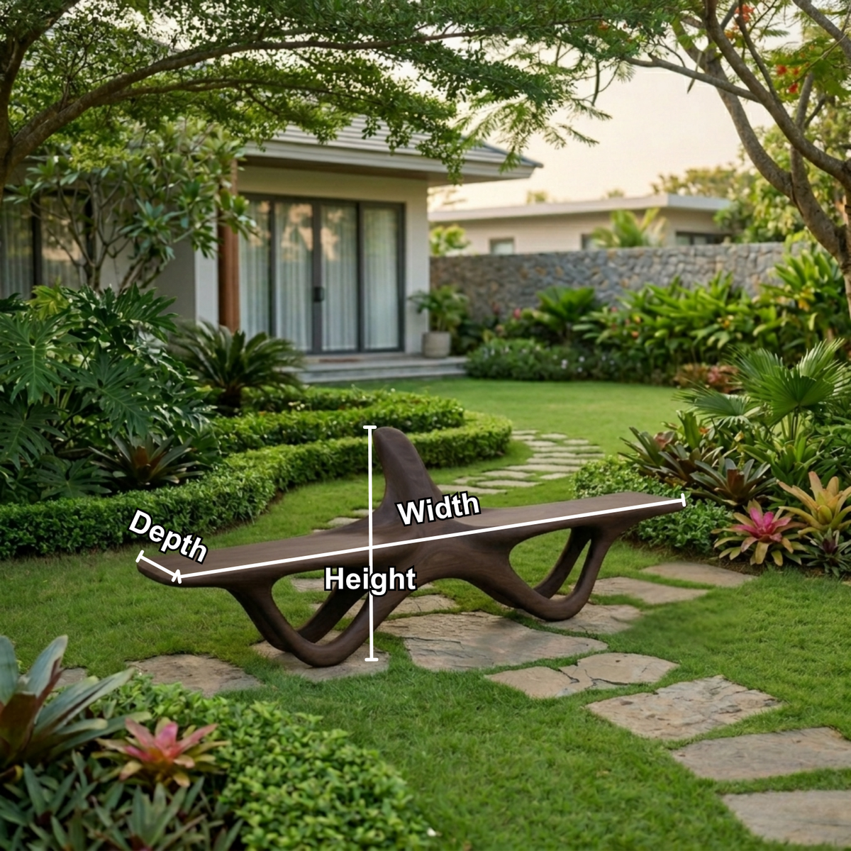 Solid Wood Outdoor Bench Sculptural Organic Form with Curved Flowing Base Design - view 5 of 7