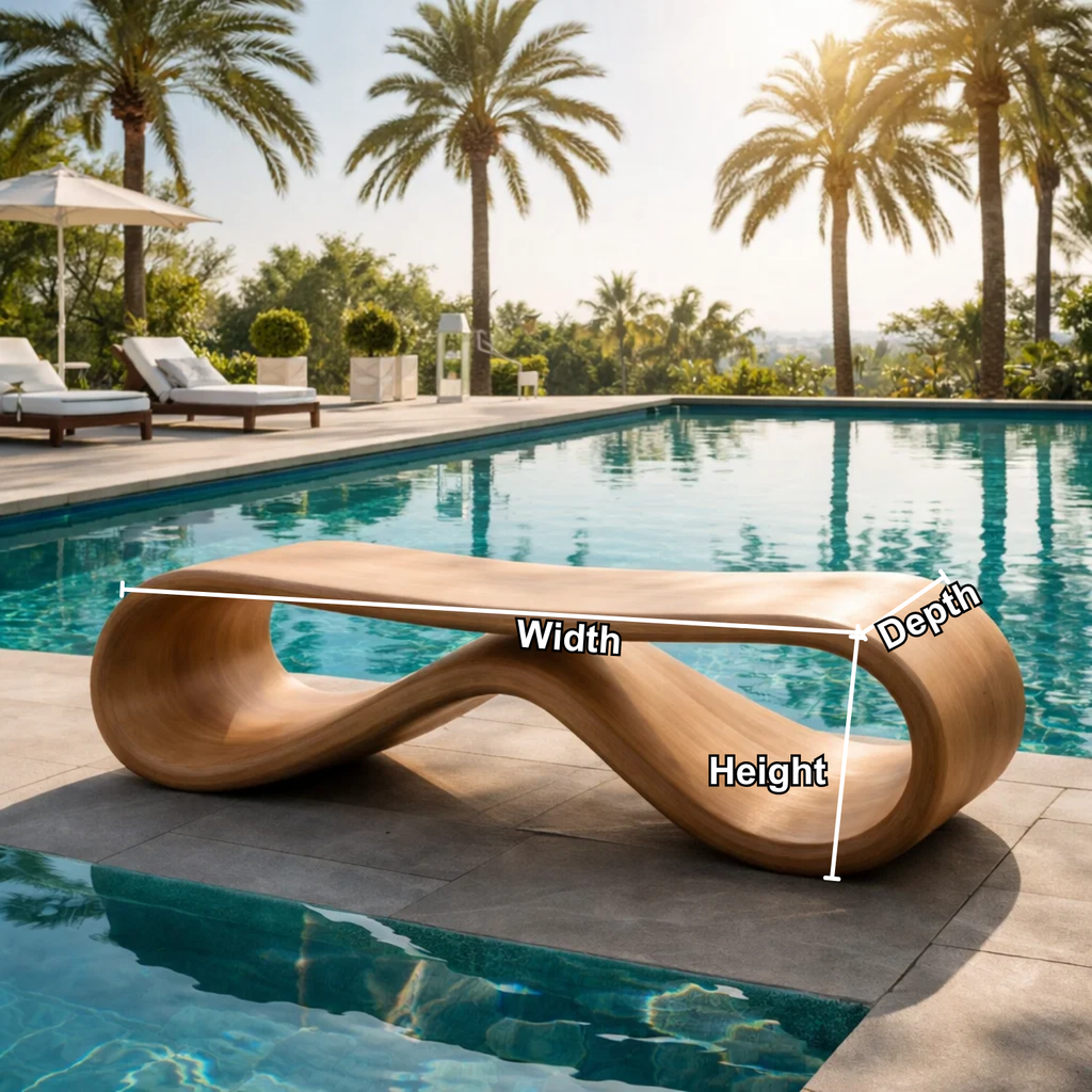 Handcrafted Outdoor Solid Wood Bench Sculptural Wave Form Modern Poolside Seating - view 7 of 7