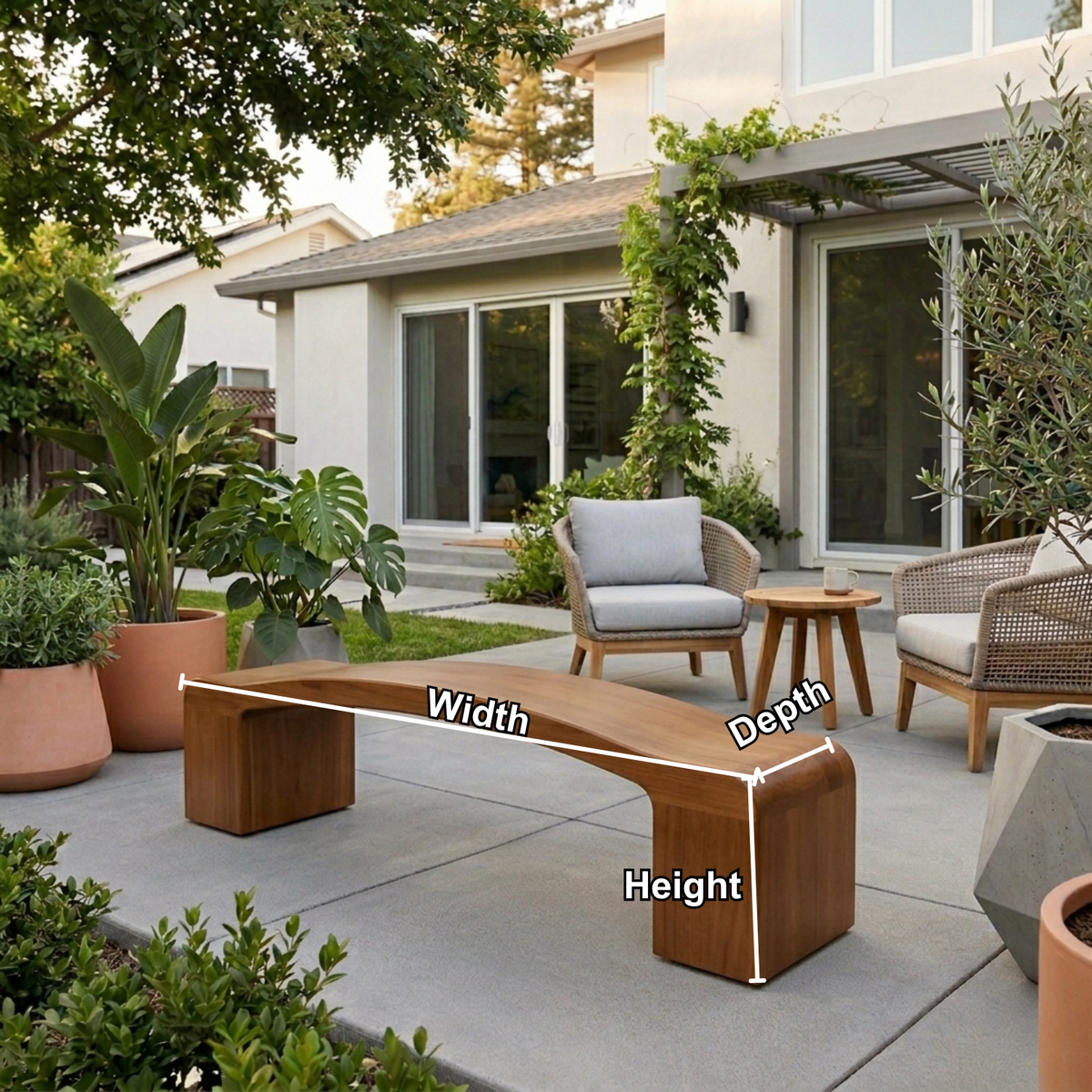 Solid Wood Outdoor Bench Curved Seat with Sculptural Block Legs Minimalist Design - view 5 of 7