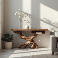 Handcrafted Solid Wood Console Table with Organic Tree-Root Base and Floating Shelf Design - view 1 of 5