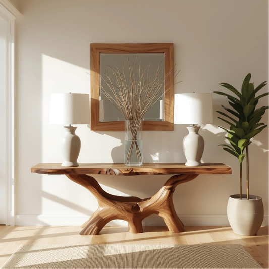 Handcrafted Solid Wood Console Table with Natural Live Edge and Organic Sculptural Base - view 1 of 5