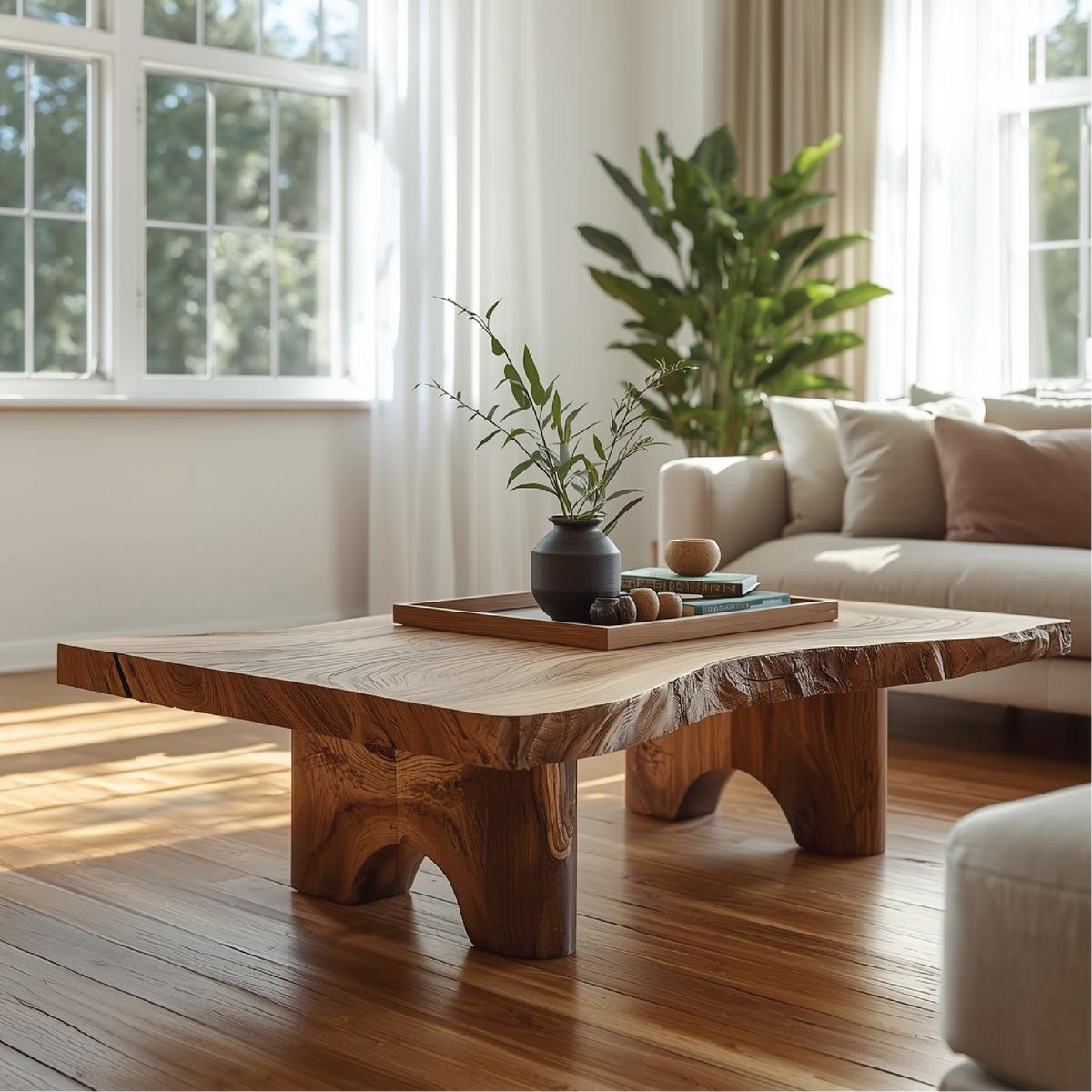 Handcrafted Solid Wood Coffee Table with Live Edge Top and Sculpted Block Legs Design - view 1 of 5