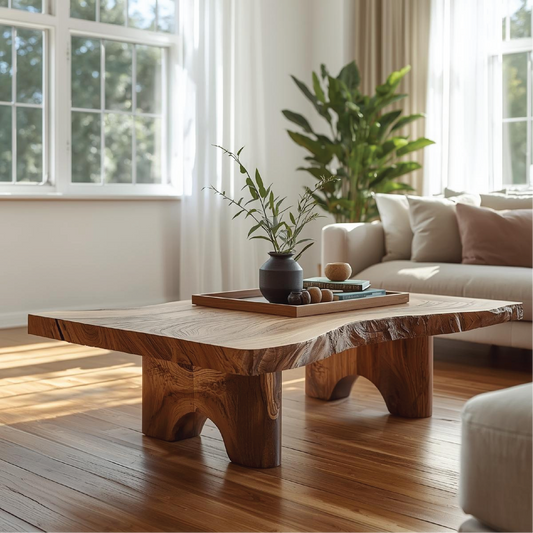 Handcrafted Solid Wood Coffee Table with Live Edge Top and Sculpted Block Legs Design - view 1 of 5