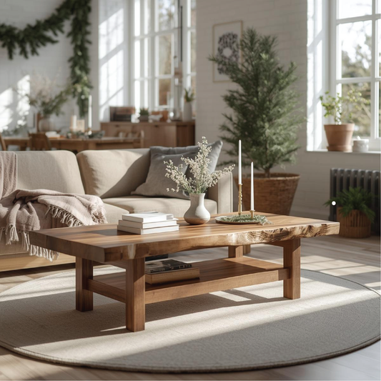 Handcrafted Solid Wood Coffee Table with Live Edge Design and Lower Shelf for Modern Homes - view 1 of 5